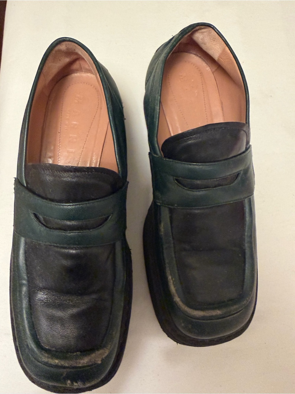 Marni Black and Dark Green Leather Penny Loafers